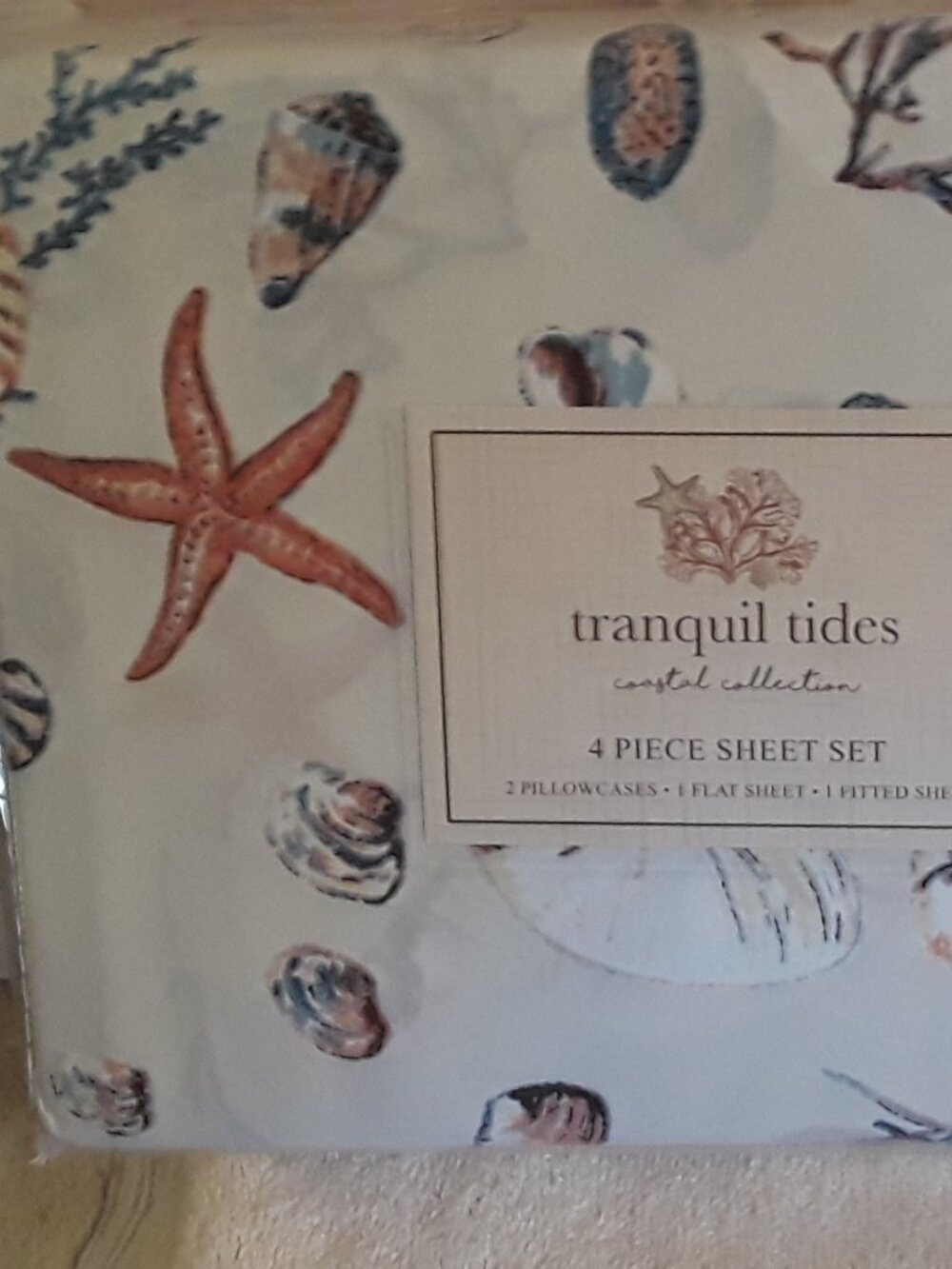 NWT Queen Sheets-Tranquil Tides Coastal Collection 4-piece set shells starfish - Picture 13 of 13